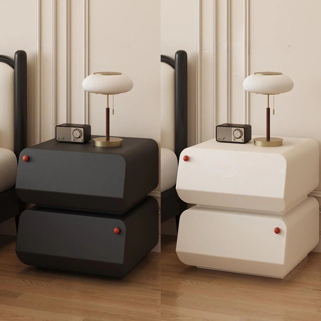 Modern Leather Nightstand Bedside Table with 2 Drawers – Contemporary MDF Wood Bedroom Side Table in Black & White