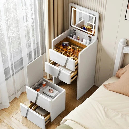 Minimalist White Dressing Table with LED Lighted Flip-Top Mirror, 4 Drawers & Cushioned Stool | Compact Vanity Table for Bedroom