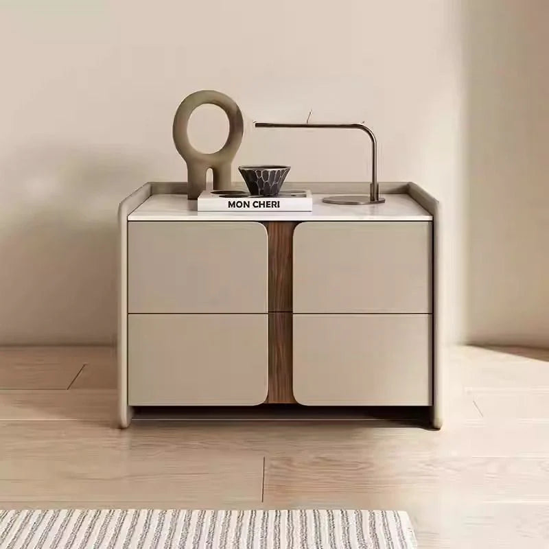 Modern Gray Faux Leather Nightstand with 2 Drawers & Sintered Stone Top | Luxury Bedside Table for Bedroom