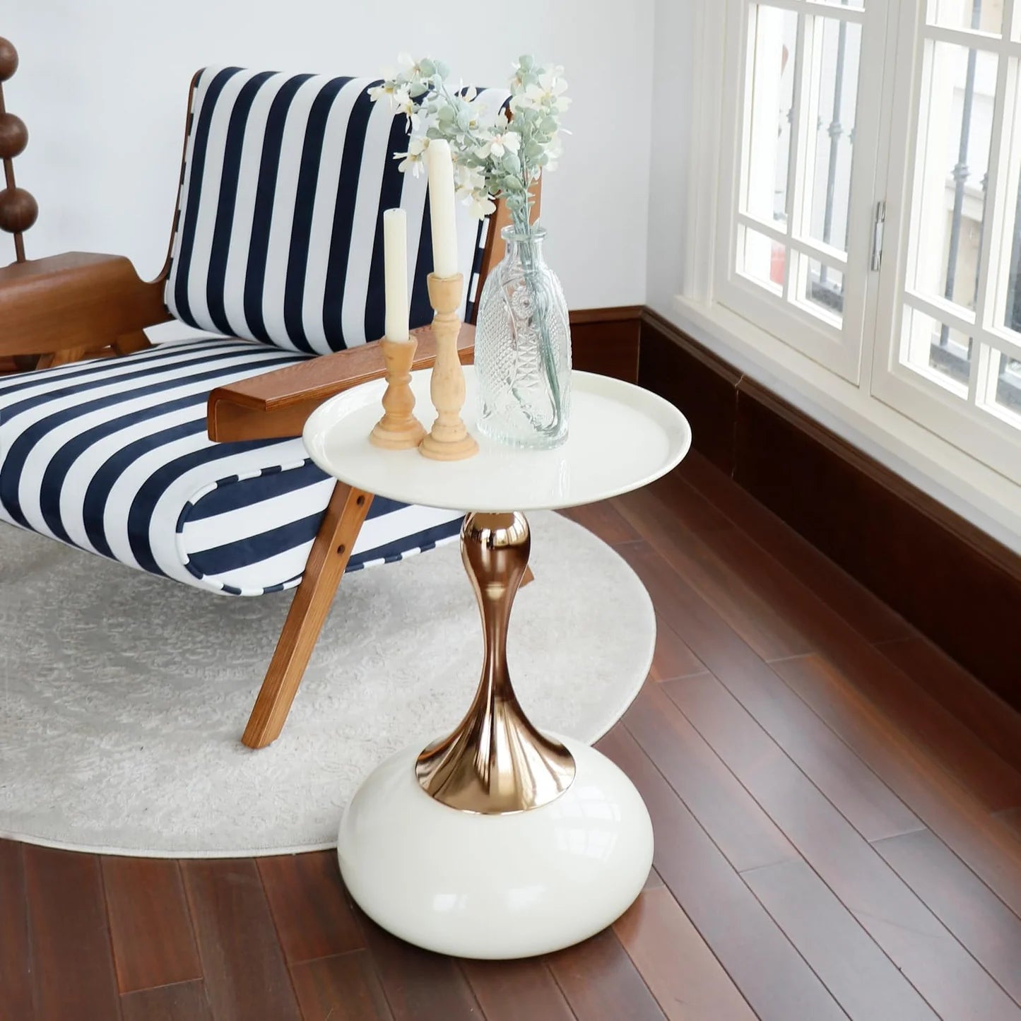 Modern Round Slate Marble Side Table | Luxury Coffee Table with Metal Base | Minimalist Accent Table for Living Room & Bedroom | Black & Gold