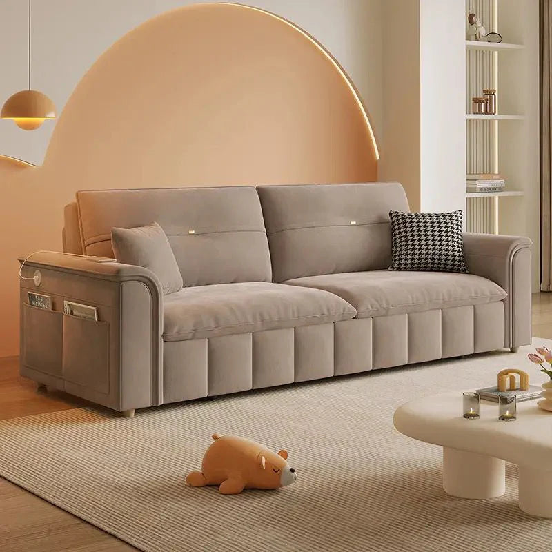 Luxury Velvet Pull-Out Sofa Bed with Storage Box, Side Pockets & USB Charging Port – Convertible Sleeper Sofa for Living Room & Bedroom