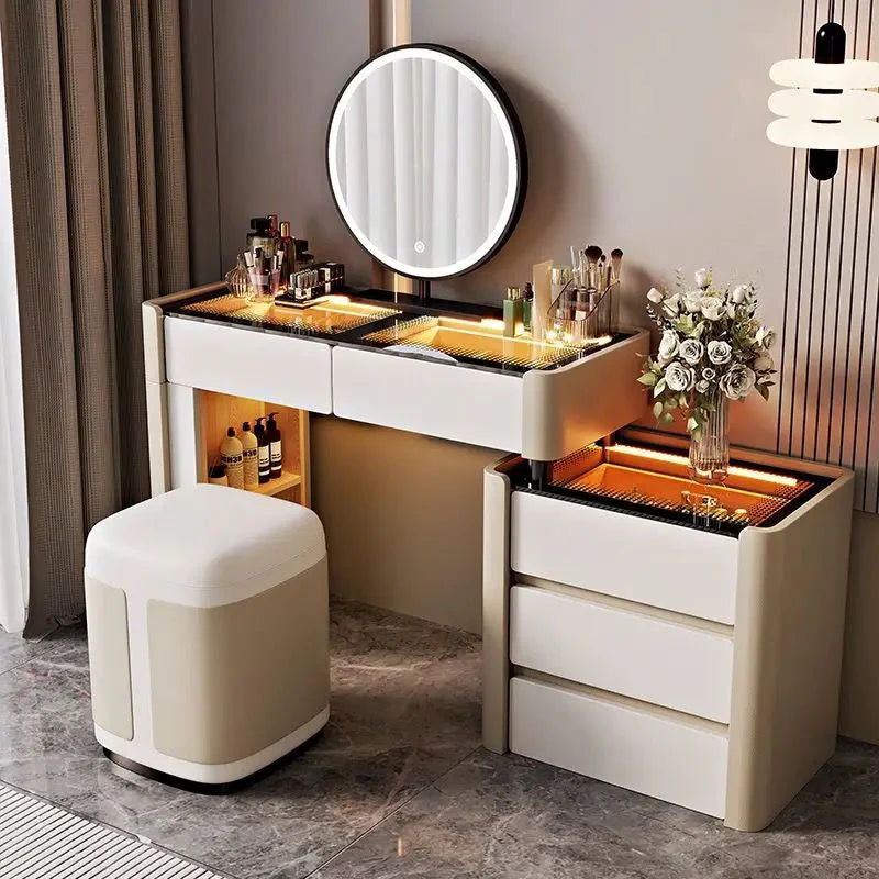 Modern LED Dressing Table with Mirror, Storage Drawers & Cushioned Stool | Luxury White Vanity Set for Bedroom