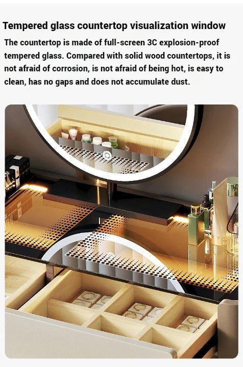 Modern LED Dressing Table with Mirror, Storage Drawers & Cushioned Stool | Luxury White Vanity Set for Bedroom