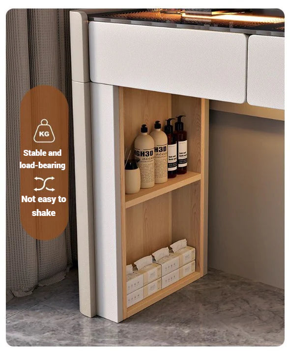 Modern LED Dressing Table with Mirror, Storage Drawers & Cushioned Stool | Luxury White Vanity Set for Bedroom