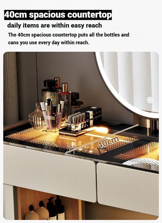 Modern LED Dressing Table with Mirror, Storage Drawers & Cushioned Stool | Luxury White Vanity Set for Bedroom