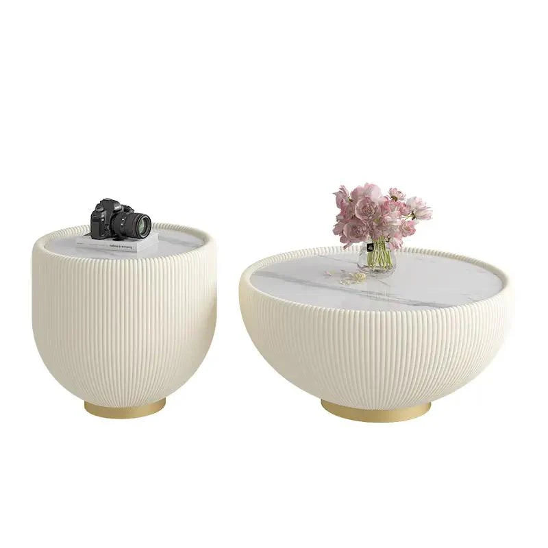 Modern White Marble Coffee Table Set with Gold Accents | Round Center Table & End Side Table for Living Room