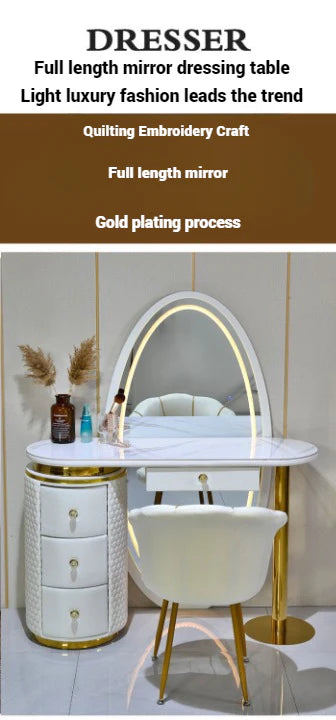 Wall-Mounted Dressing Table with Full-Length Oval LED Mirror, 2 Storage Drawers & Upholstered Stool – Modern White Vanity Set with Marble Top & Gold Frame
