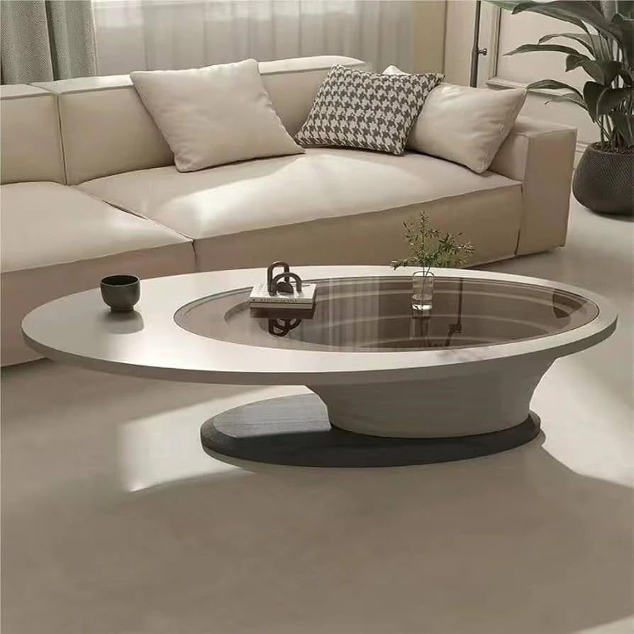 Modern Oval Coffee Table 130cm with Tempered Glass Top & Spiral MDF Base | Luxury Center Table for Living Room