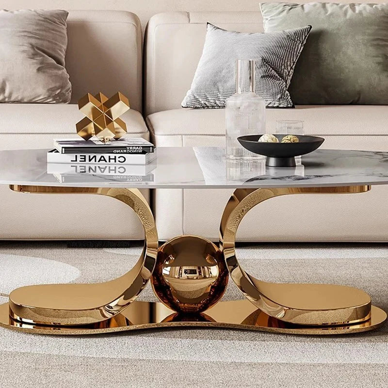 Luxury Gold Stainless Steel Coffee Table Set of 2 with Slate Marble Top – Modern Nesting Center Tables for Living Room & Office