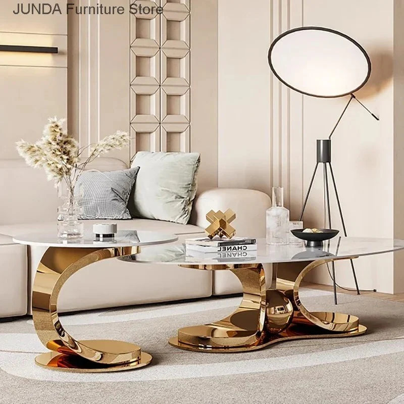 Luxury Gold Stainless Steel Coffee Table Set of 2 with Slate Marble Top – Modern Nesting Center Tables for Living Room & Office