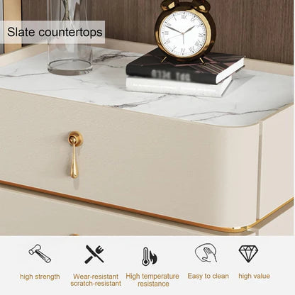 Solid Wood Nightstand Bedside Table with Slate Marble Top | Modern Bedroom Side Table with Storage | White, Off-White & Gray