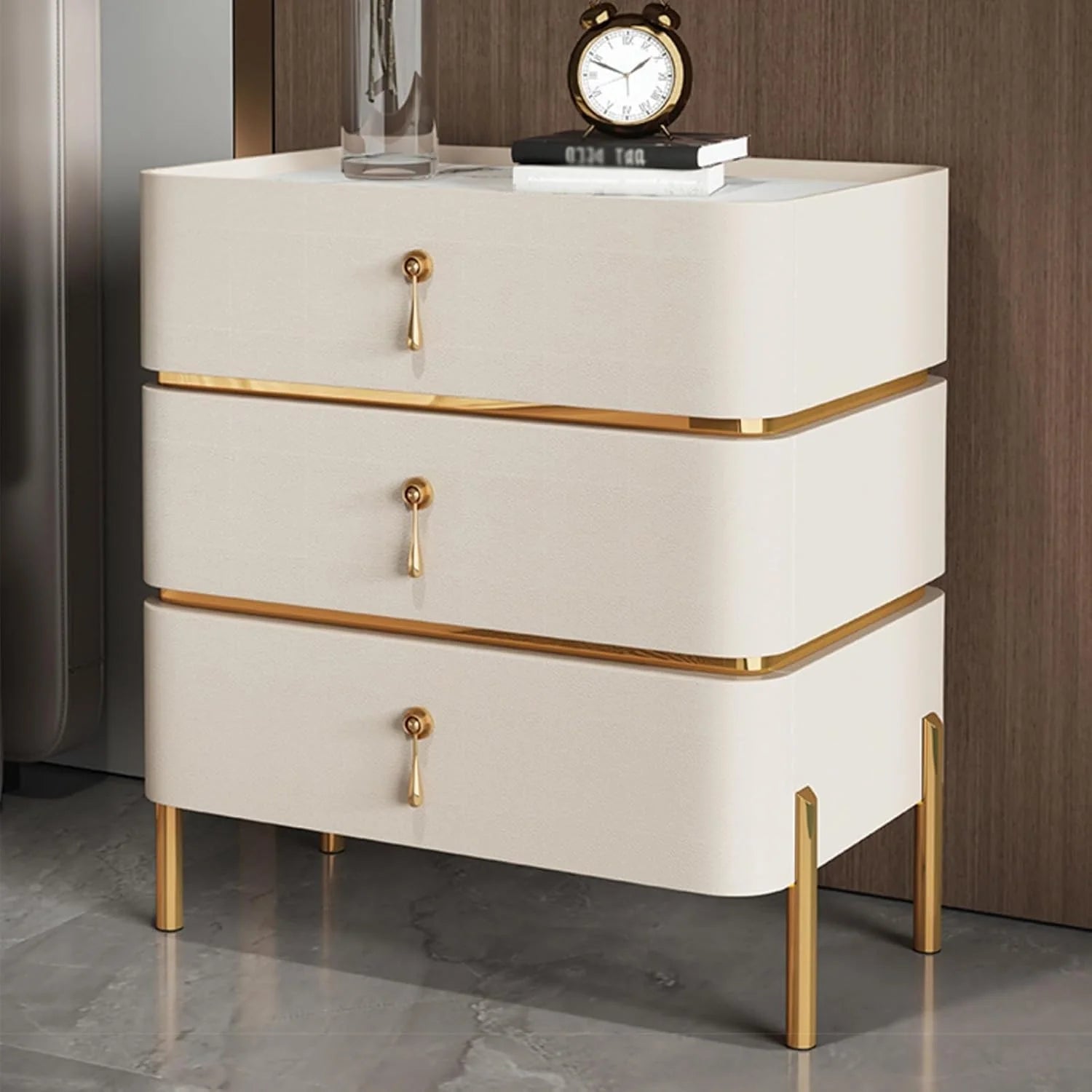 Solid Wood Nightstand Bedside Table with Slate Marble Top | Modern Bedroom Side Table with Storage | White, Off-White & Gray