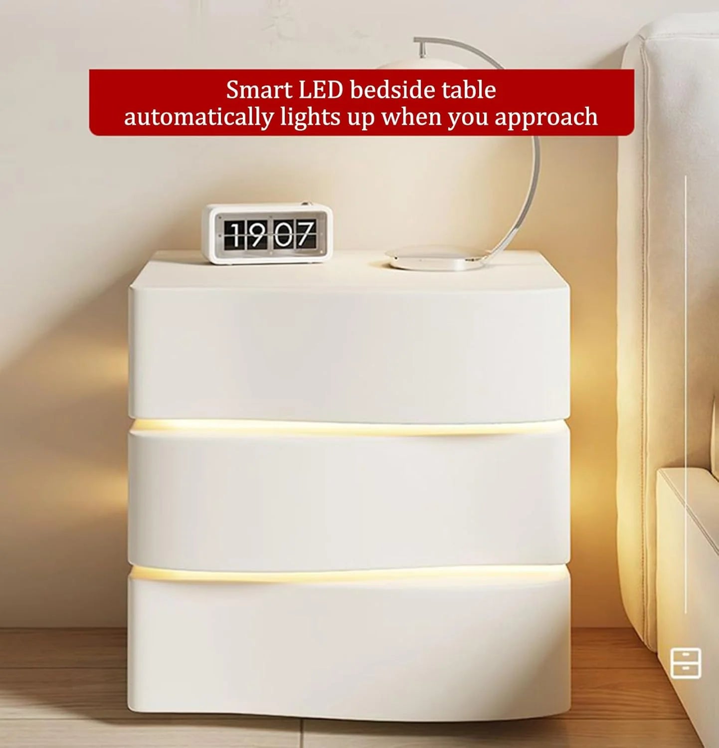 Modern LED Nightstand Bedside Table with 2/3 Drawers | Upholstered Faux Leather Side Table for Bedroom Storage