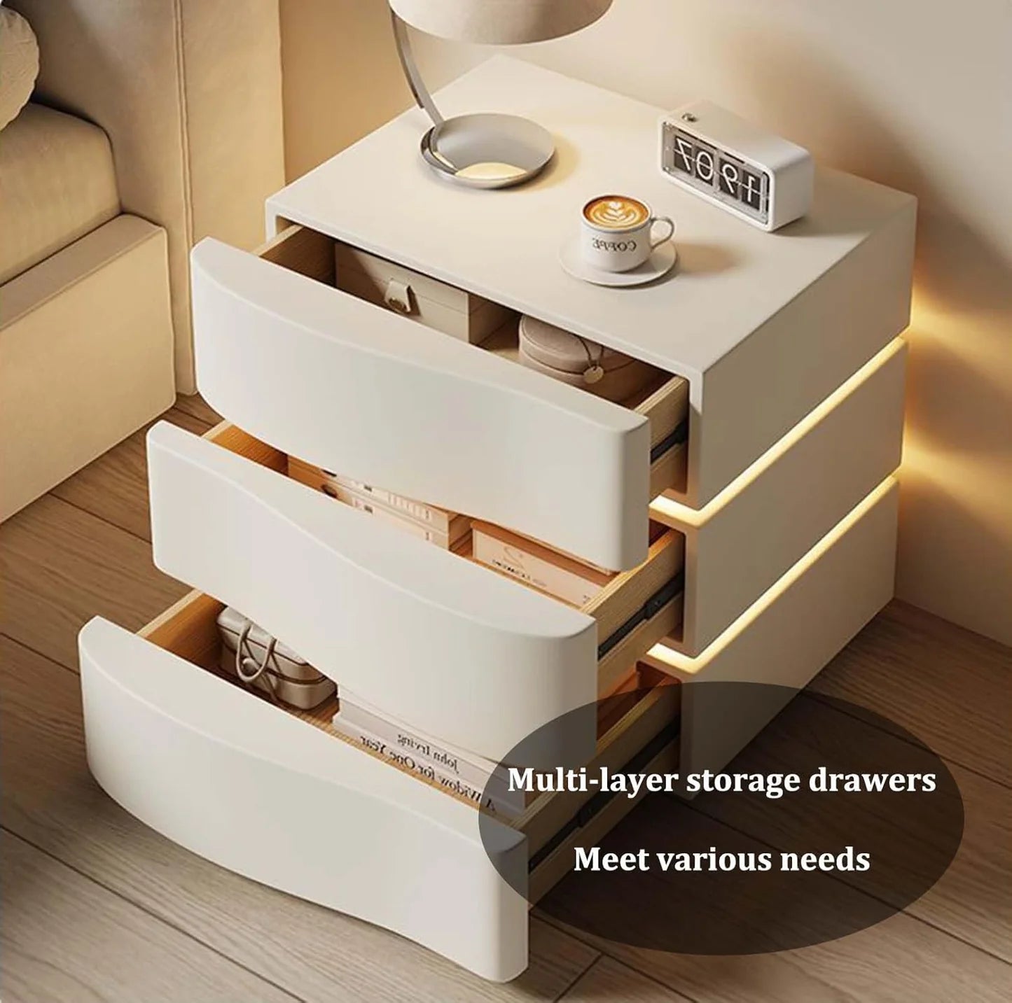 Modern LED Nightstand Bedside Table with 2/3 Drawers | Upholstered Faux Leather Side Table for Bedroom Storage