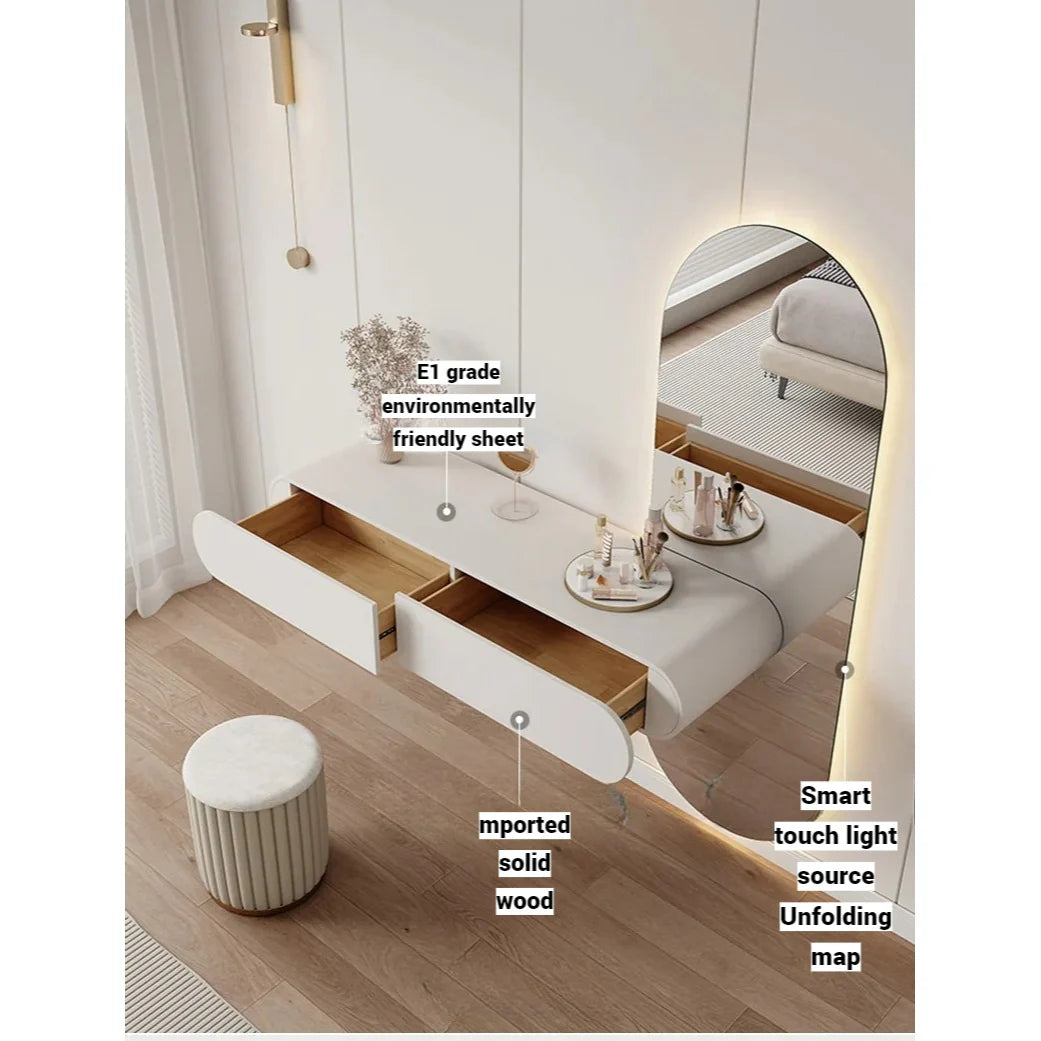 Modern Wall-Mounted Dressing Table with LED Oval Full-Length Mirror & 2 Storage Drawers | White Floating Vanity Set