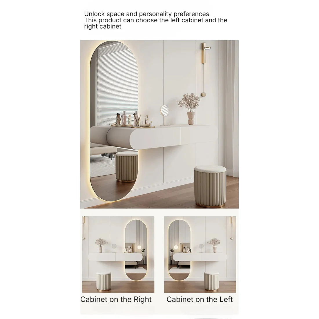 Modern Wall-Mounted Dressing Table with LED Oval Full-Length Mirror & 2 Storage Drawers | White Floating Vanity Set