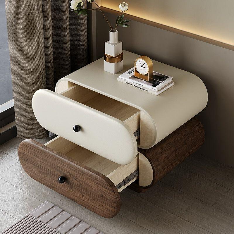 Modern Minimalist Bedside Table with 2 Drawers | Half-Round Edge Nightstand in Off-White & Brown
