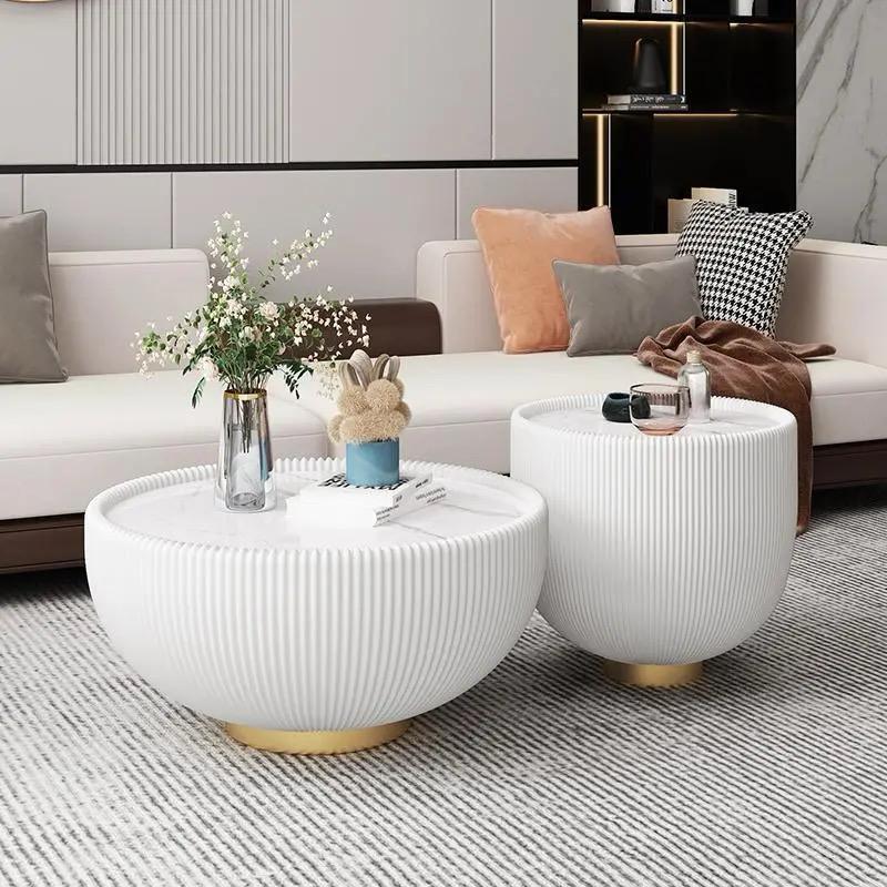 Modern White Marble Coffee Table Set with Gold Accents | Round Center Table & End Side Table for Living Room