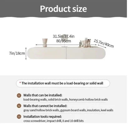 Modern Wall-Mounted Dressing Table with LED Round Mirror & Stool | White Floating Vanity Table with Storage Drawers