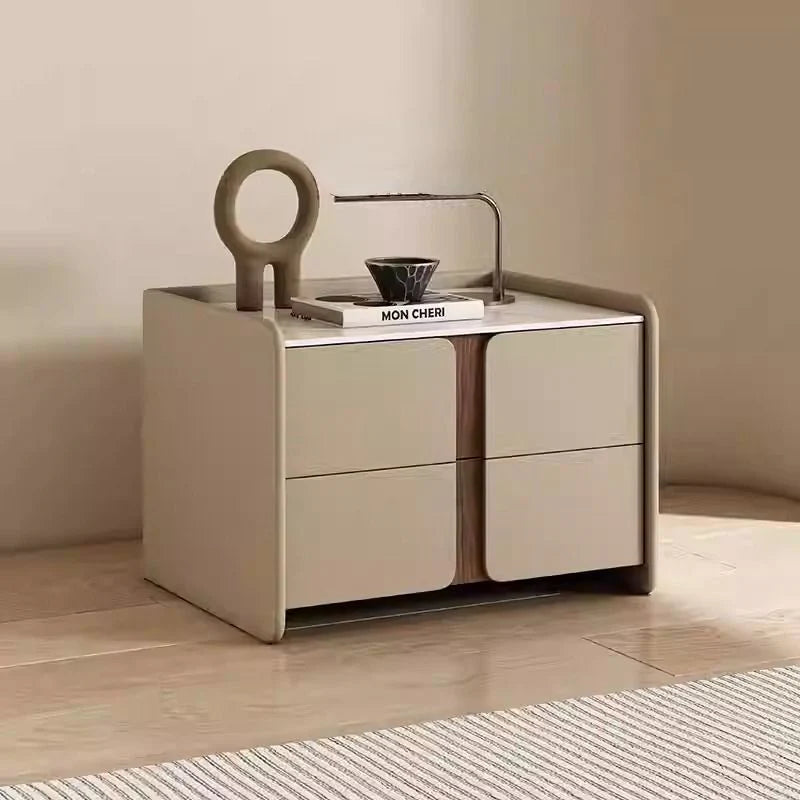 Modern Gray Faux Leather Nightstand with 2 Drawers & Sintered Stone Top | Luxury Bedside Table for Bedroom