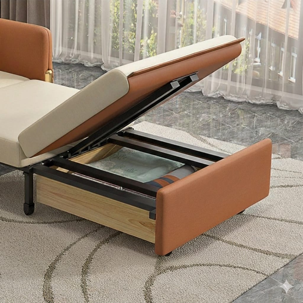 Nordic Single Sofa Bed with Storage Box & Pull-Out Sleeper – Modern Upholstered Convertible Sofa Chair for Small Spaces