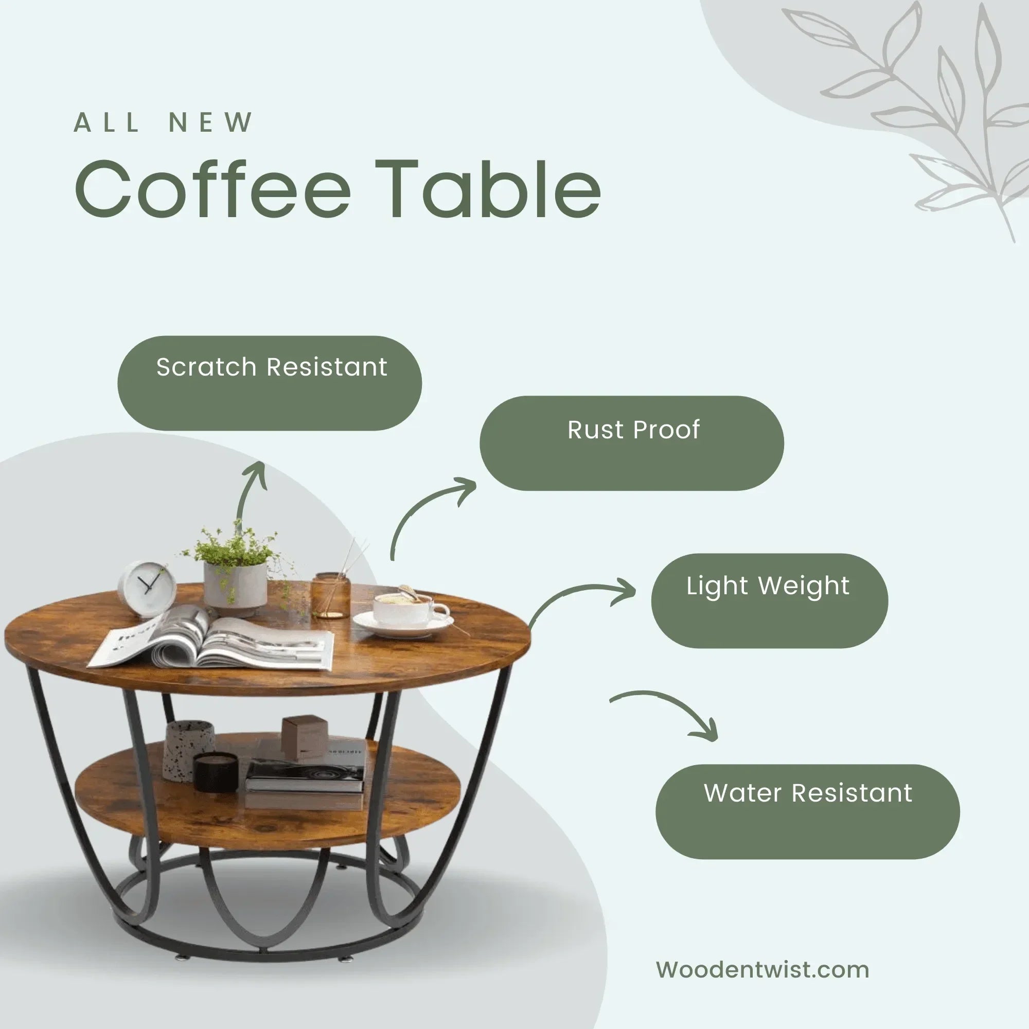 Round Coffee Table with Marble Top Like Finish Stylish 2-Tier Design