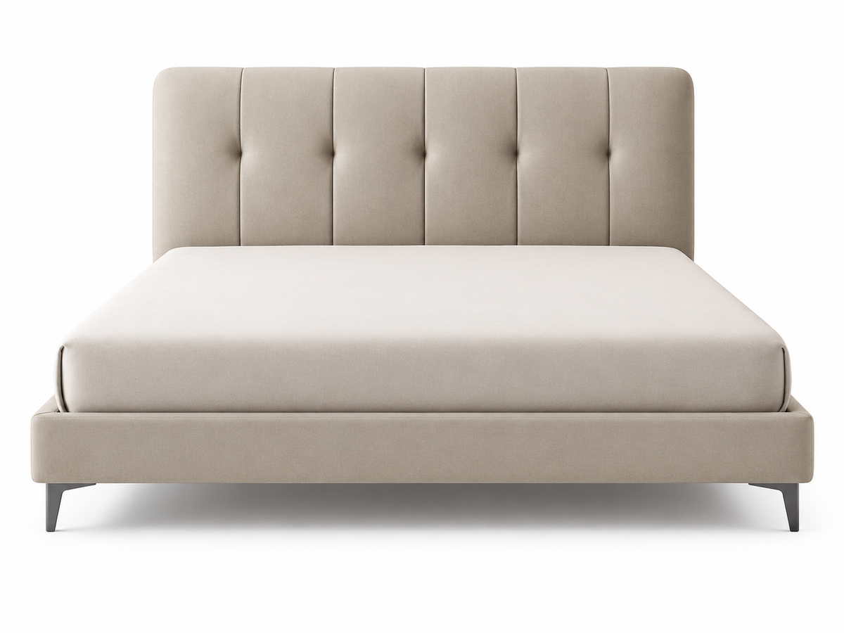 Modern Luxury Upholstered Bed with Genuine Leather Vertical Tufted Headboard, PU Leather Frame & Wooden Structure | 150×200cm / 180×200cm – AP-39