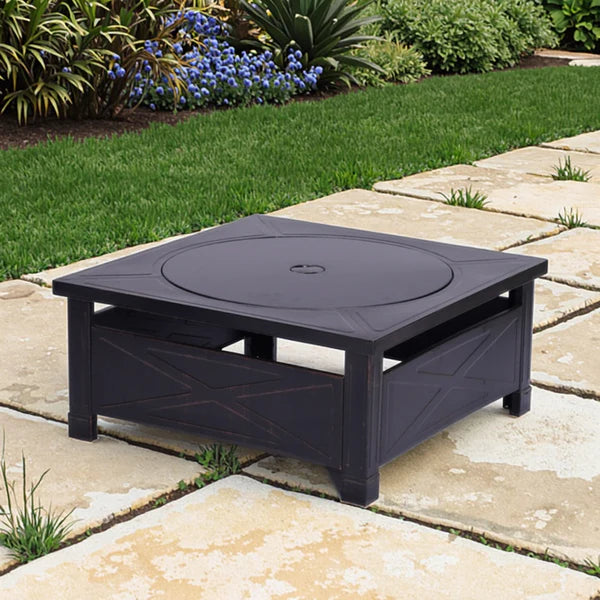 Garden Fire Pit Charcoal BBQ Table Outside Wood Burning Heater Square Stove Black