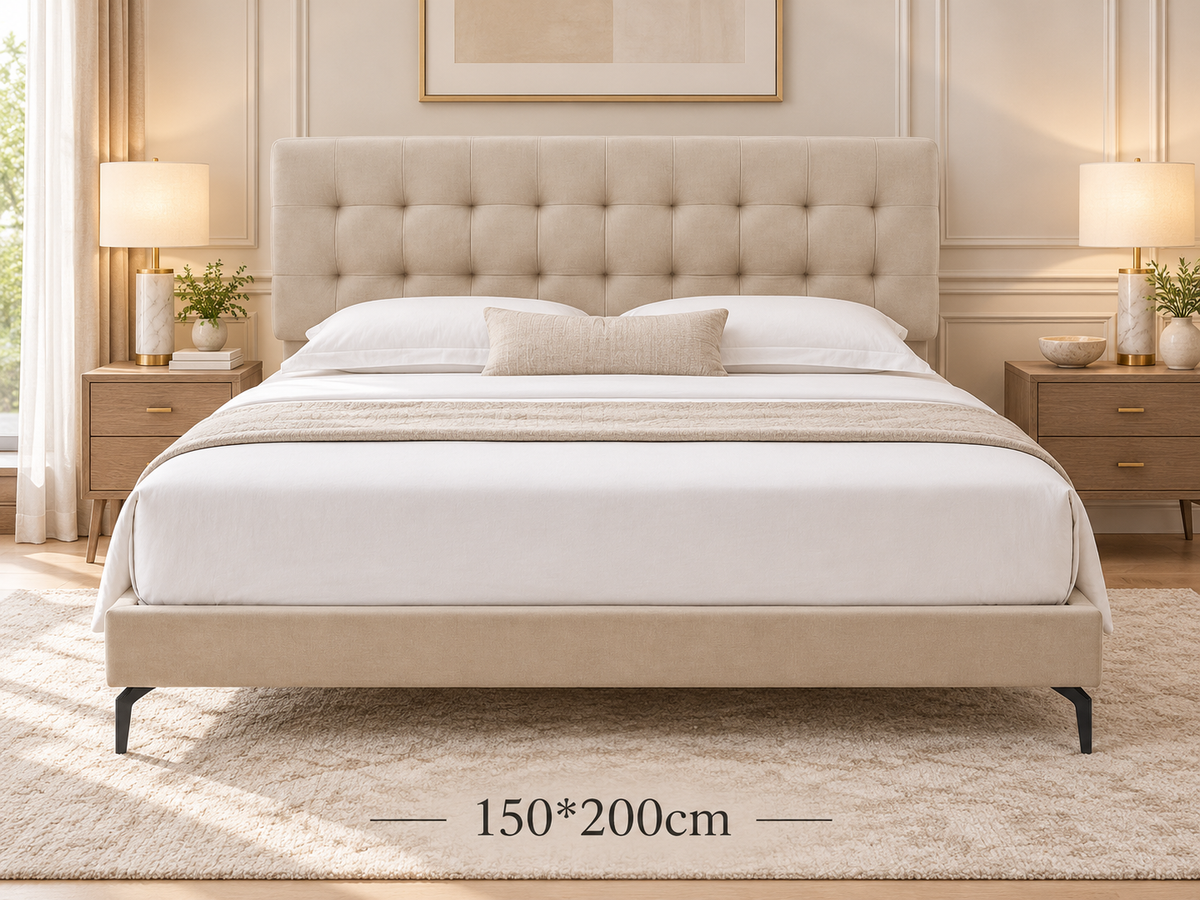 Modern Luxury Upholstered Bed with Genuine Leather Tufted Headboard, PU Leather Frame & Wooden Structure | 150×200cm / 180×200cm – AP-37 / AP-38