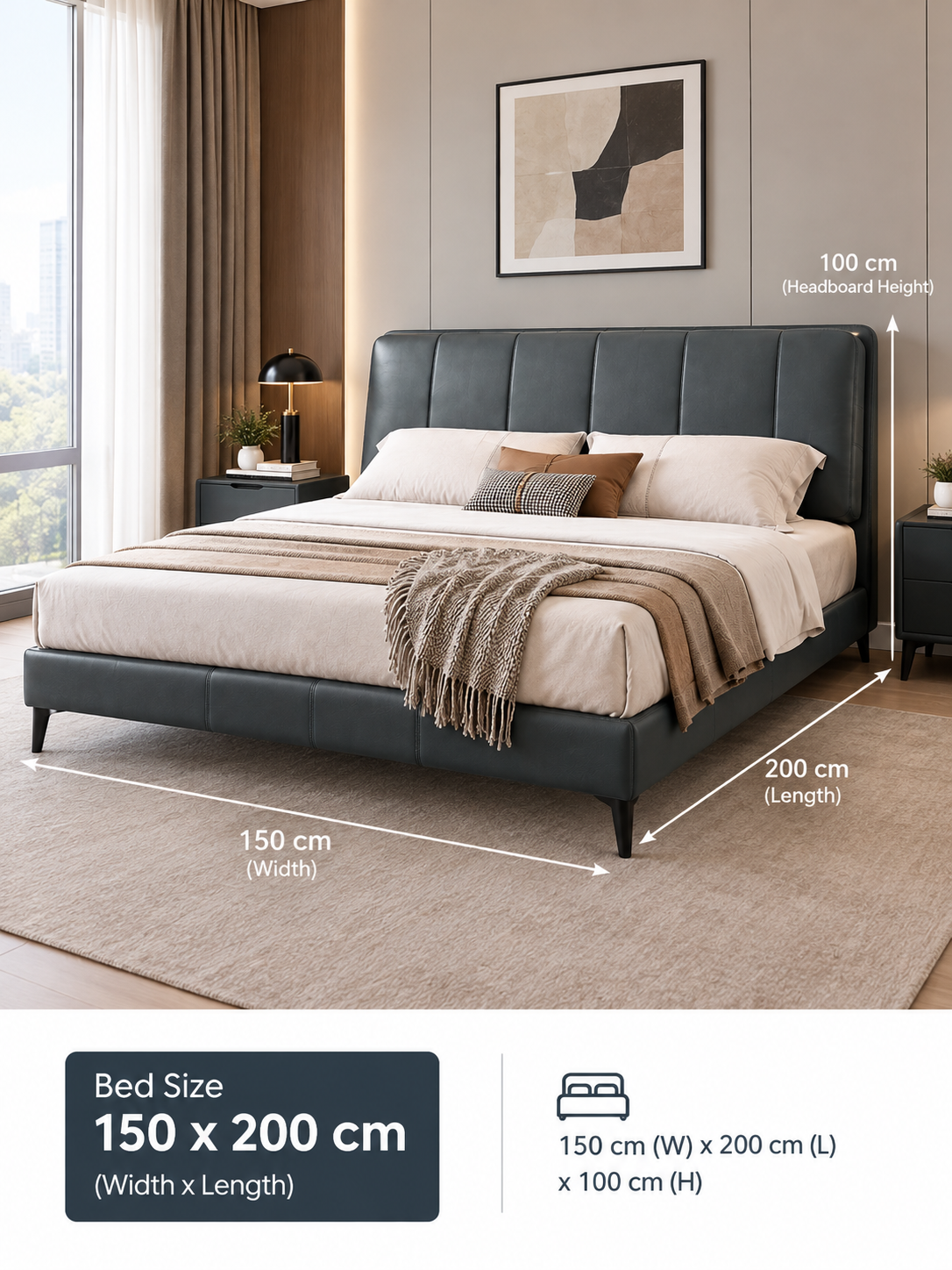 AP-33 Modern Genuine Leather Headboard Bed with PU Leather Frame – 150 × 200 cm & 180 × 200 cm