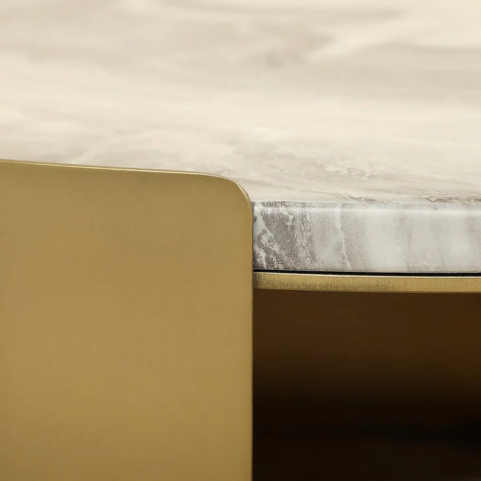 Coffee & Side Table Set – Sintered Stone & Brushed Gold / Faux Marble & Coffee Brown Base