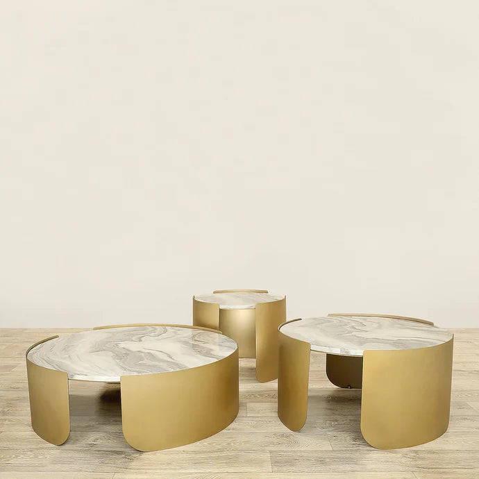 Coffee & Side Table Set – Sintered Stone & Brushed Gold / Faux Marble & Coffee Brown Base