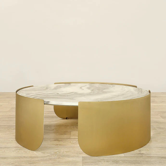 Coffee & Side Table Set – Sintered Stone & Brushed Gold / Faux Marble & Coffee Brown Base