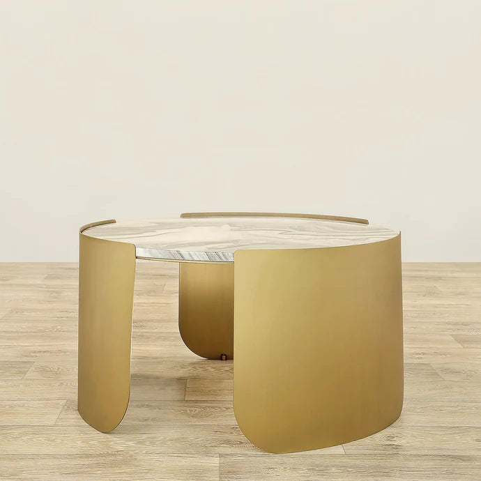 Coffee & Side Table Set – Sintered Stone & Brushed Gold / Faux Marble & Coffee Brown Base