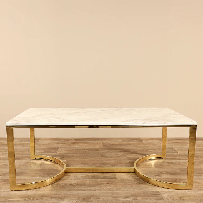 Marble Coffee Table with Chrome Gold Stainless Steel Base – Modern Faux Marble Top