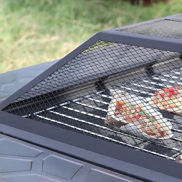 Garden Fire Pit Charcoal BBQ Table Outside Wood Burning Heater Square Stove Black