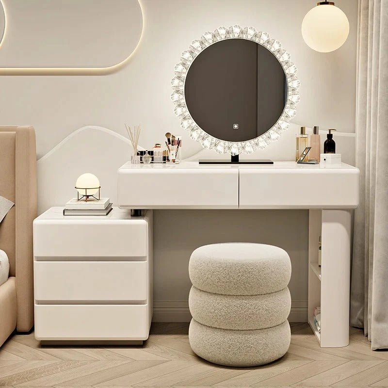 Luxury White Dressing Table Set with LED Round Mirror, Storage Drawers & Stool | Modern Vanity Table with Slate Marble Top