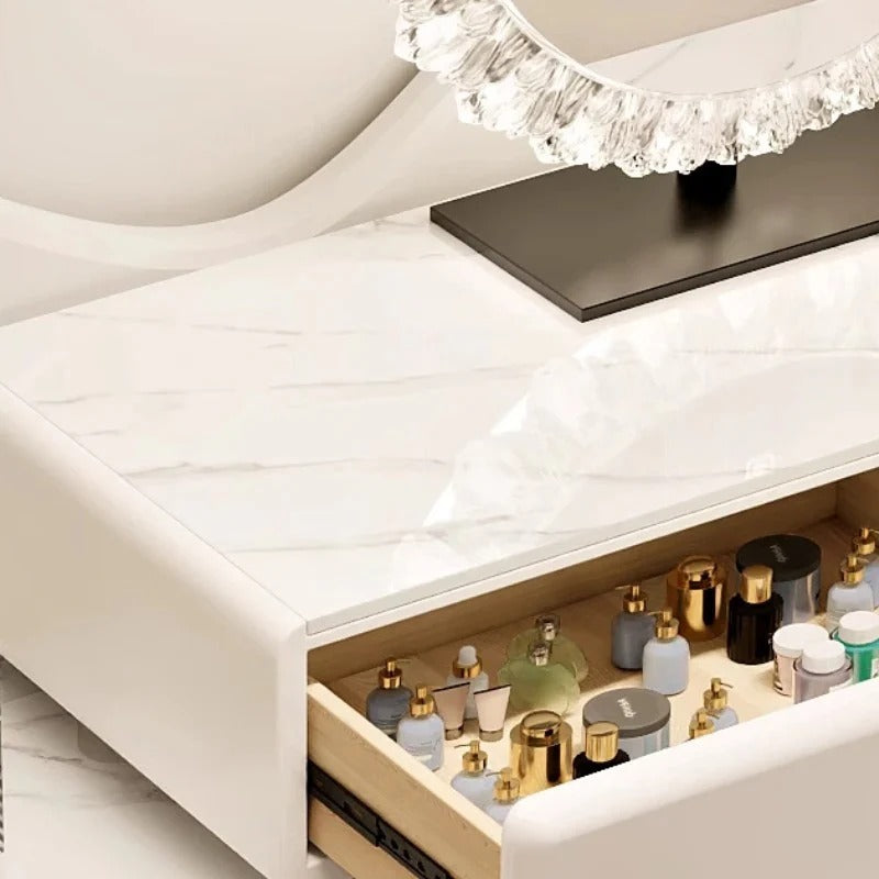 Luxury White Dressing Table Set with LED Round Mirror, Storage Drawers & Stool | Modern Vanity Table with Slate Marble Top