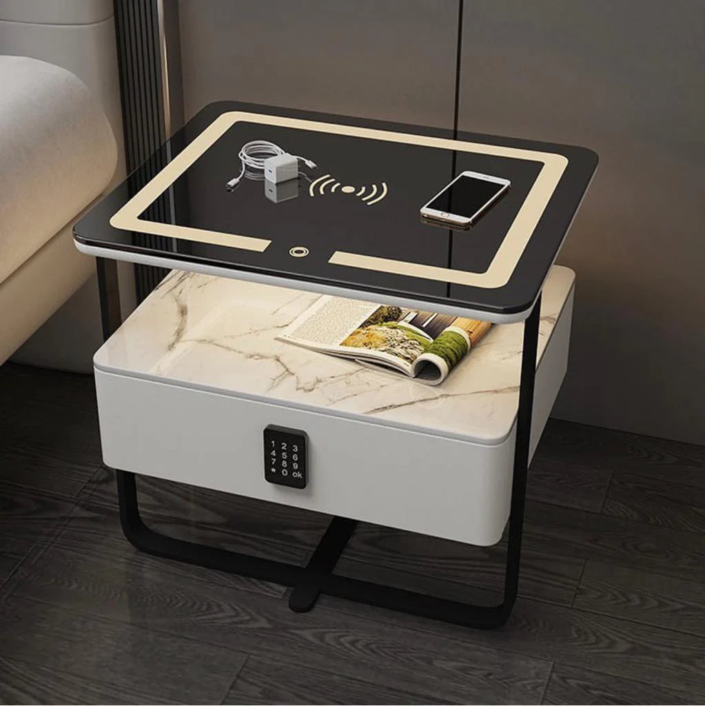 Smart LED Bedside Table with Wireless Charging, USB Port & Digital Lock Drawer – Modern Nightstand with 3-Color Touch Light