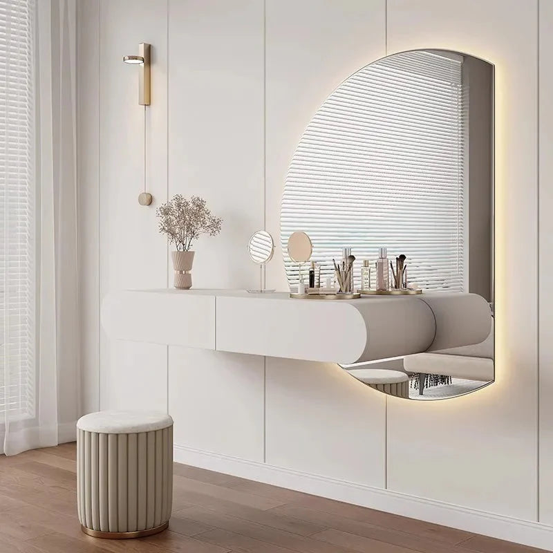 Modern Wall-Mounted Dressing Table with LED Round Mirror & Stool | White Floating Vanity Table with Storage Drawers