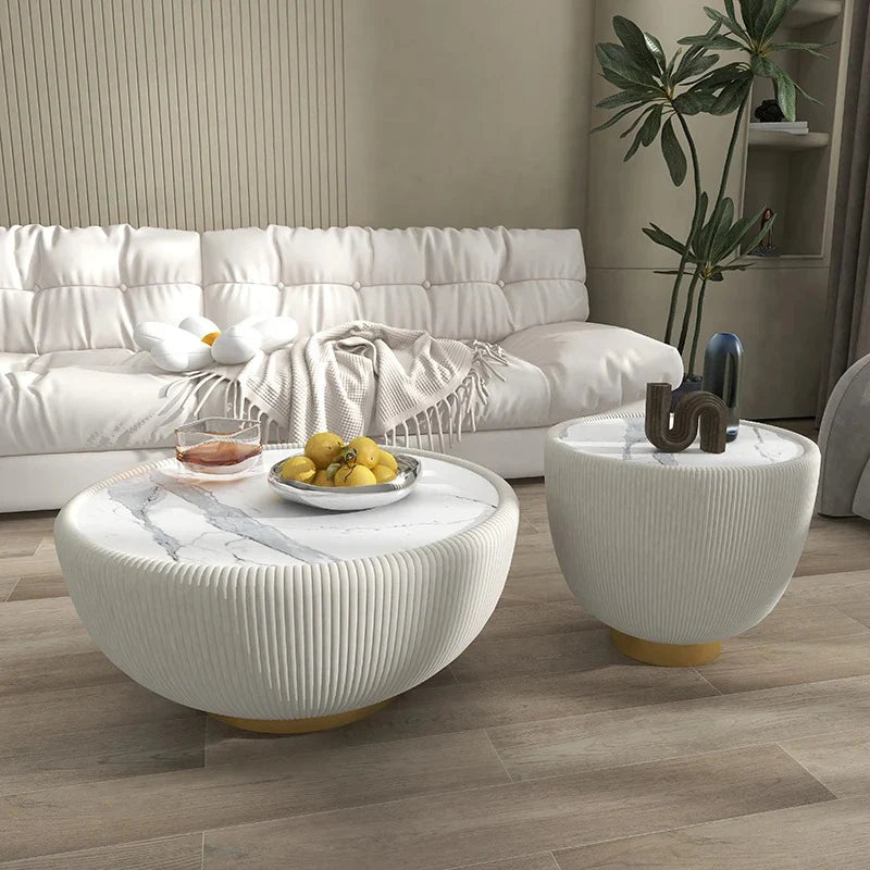 Modern White Marble Coffee Table Set with Gold Accents | Round Center Table & End Side Table for Living Room