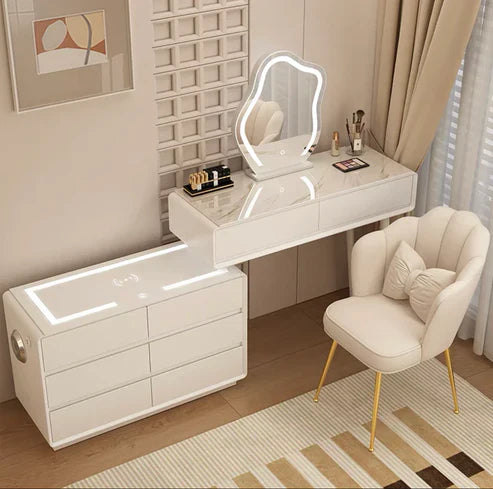 Smart Vanity Table with LED Mirror, Bluetooth Speaker, Wireless Charging - White, Solid Wood-GCC Home Center