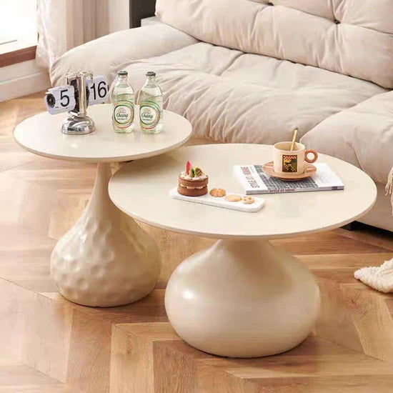 Modern Round Nesting Coffee Table Set of 2 – Cream Ceramic Top & Metal Base | Space-Saving Luxury Coffee Tables for Living Room
