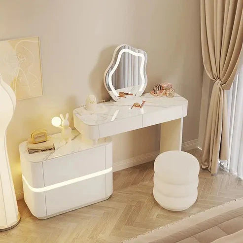 Modern White Dressing Table with LED Mirror - Sleek Makeup Vanity Desk with Slate Marble Finish and Soft-Close Drawers-GCC Home Center