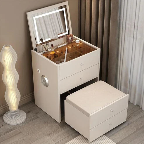 Smart Compact Dressing Vanity Table with LED Mirror, Foldable Bench, and Storage Drawers-GCC Home Center