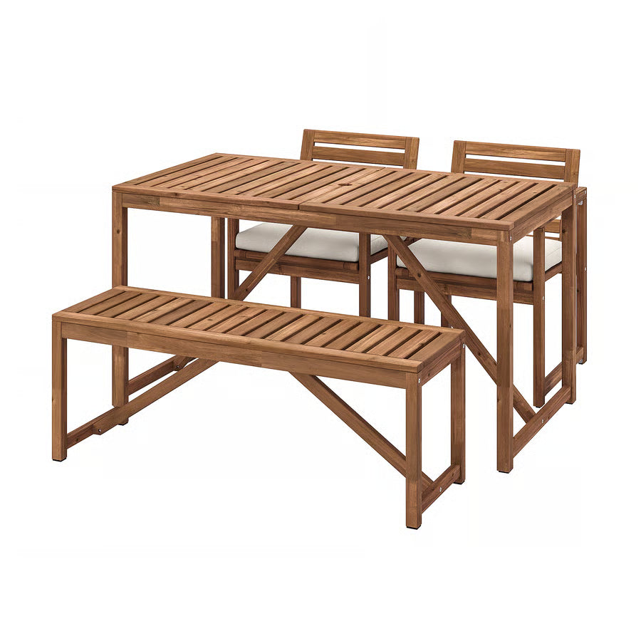 Outdoor Dining Table + 2 Chairs + Bench Set (Light Brown Stained, Beige)