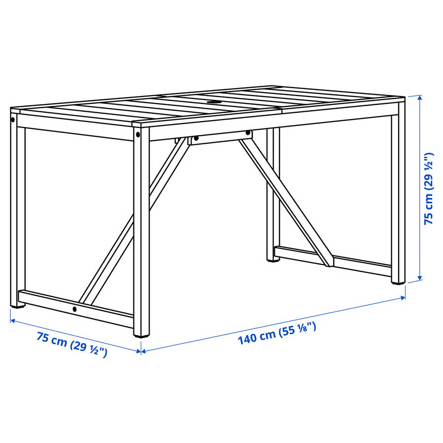 Outdoor Dining Table + 4 Chairs with Armrests, Outdoor (Light Brown Stained / Light Grey-Beige, 140×75 cm)