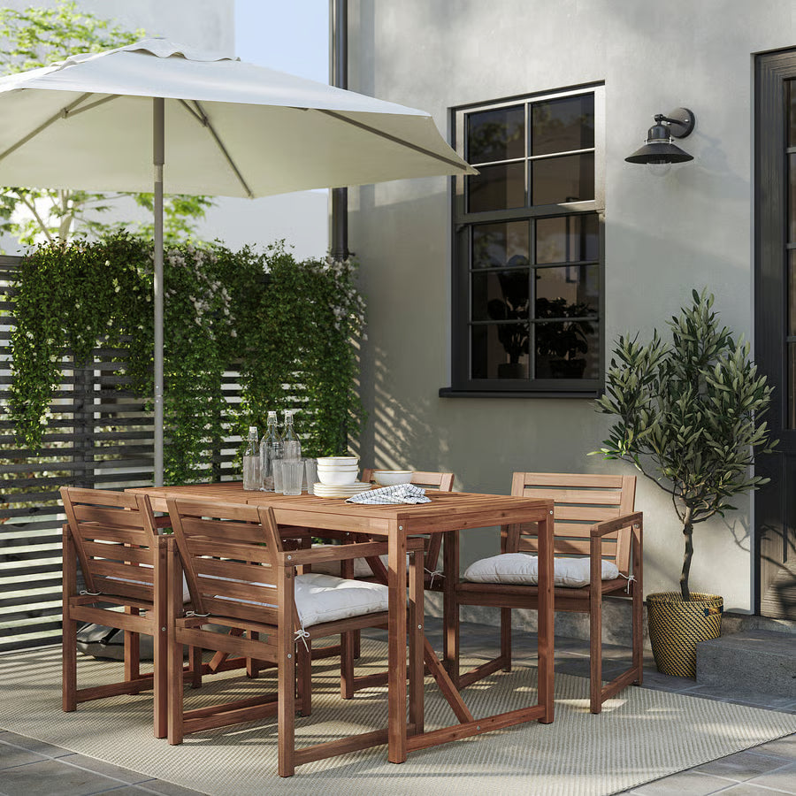 Outdoor Dining Table + 4 Chairs with Armrests, Outdoor (Light Brown Stained / Light Grey-Beige, 140×75 cm)