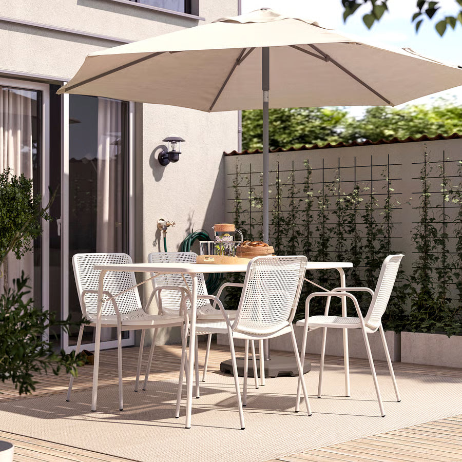 Table + 4 Chairs with Armrests, Outdoor, Foldable White/White (130×74 cm)