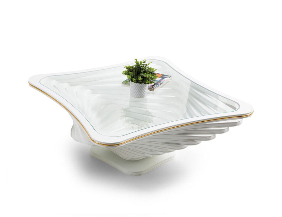 White Coffee Table – With Gold Detail & Glass (106 x 106 cm)